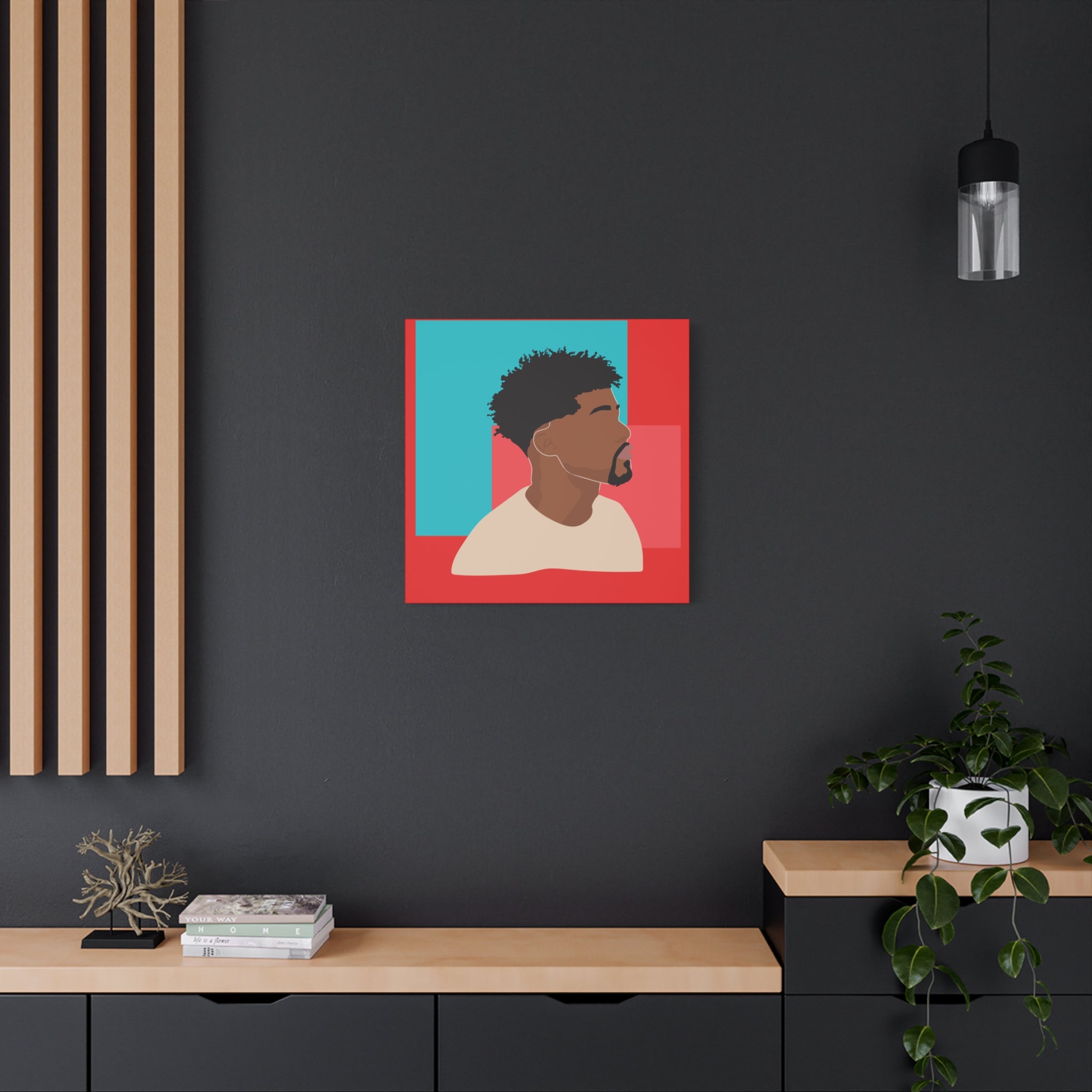 Modern Black Man Profile on Red & Teal — Canvas Art