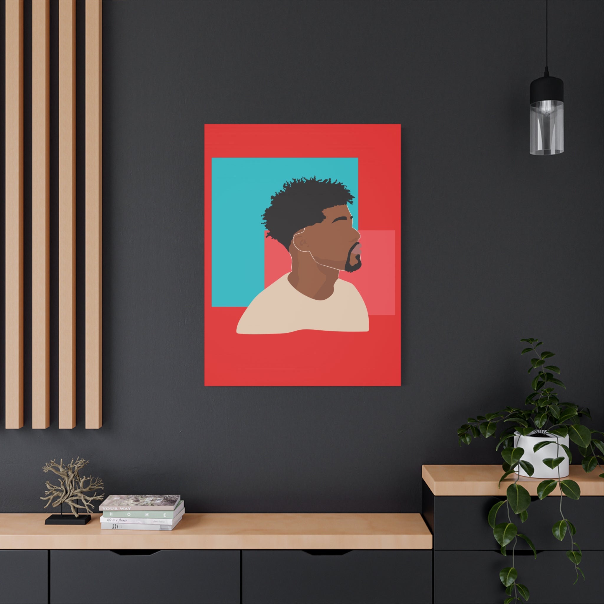 Modern Black Man Profile on Red & Teal — Canvas Art