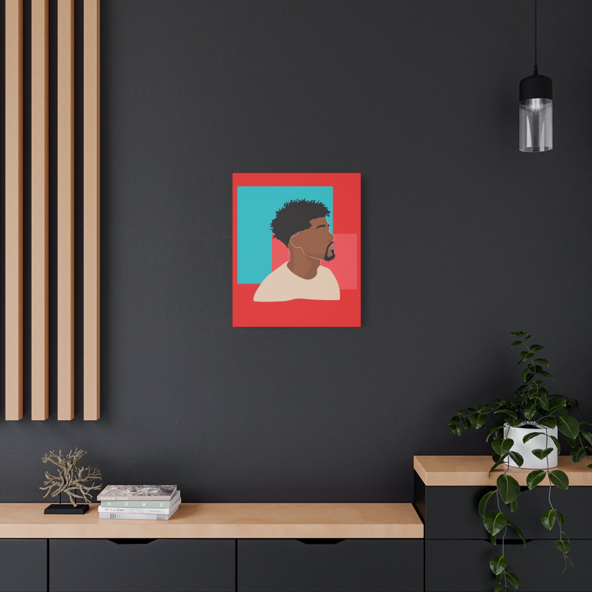 Modern Black Man Profile on Red & Teal — Canvas Art