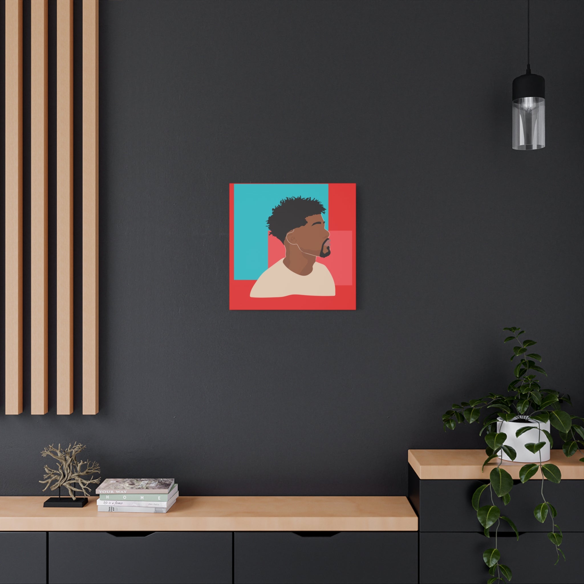 Modern Black Man Profile on Red & Teal — Canvas Art