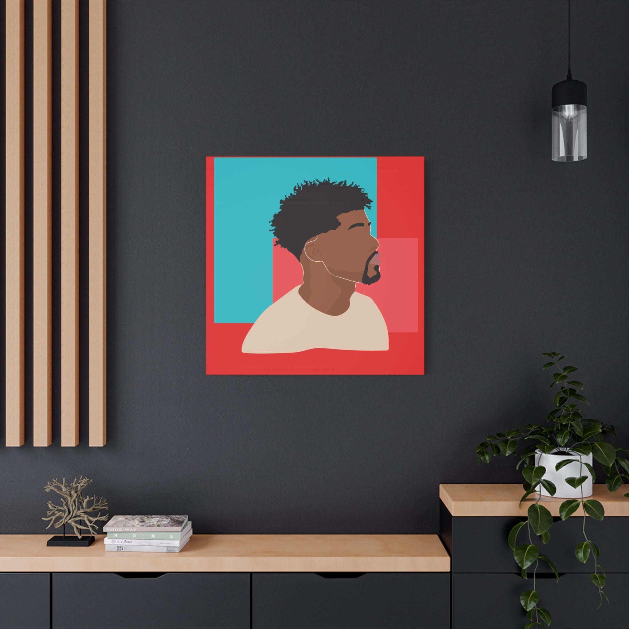 Modern Black Man Profile on Red & Teal — Canvas Art