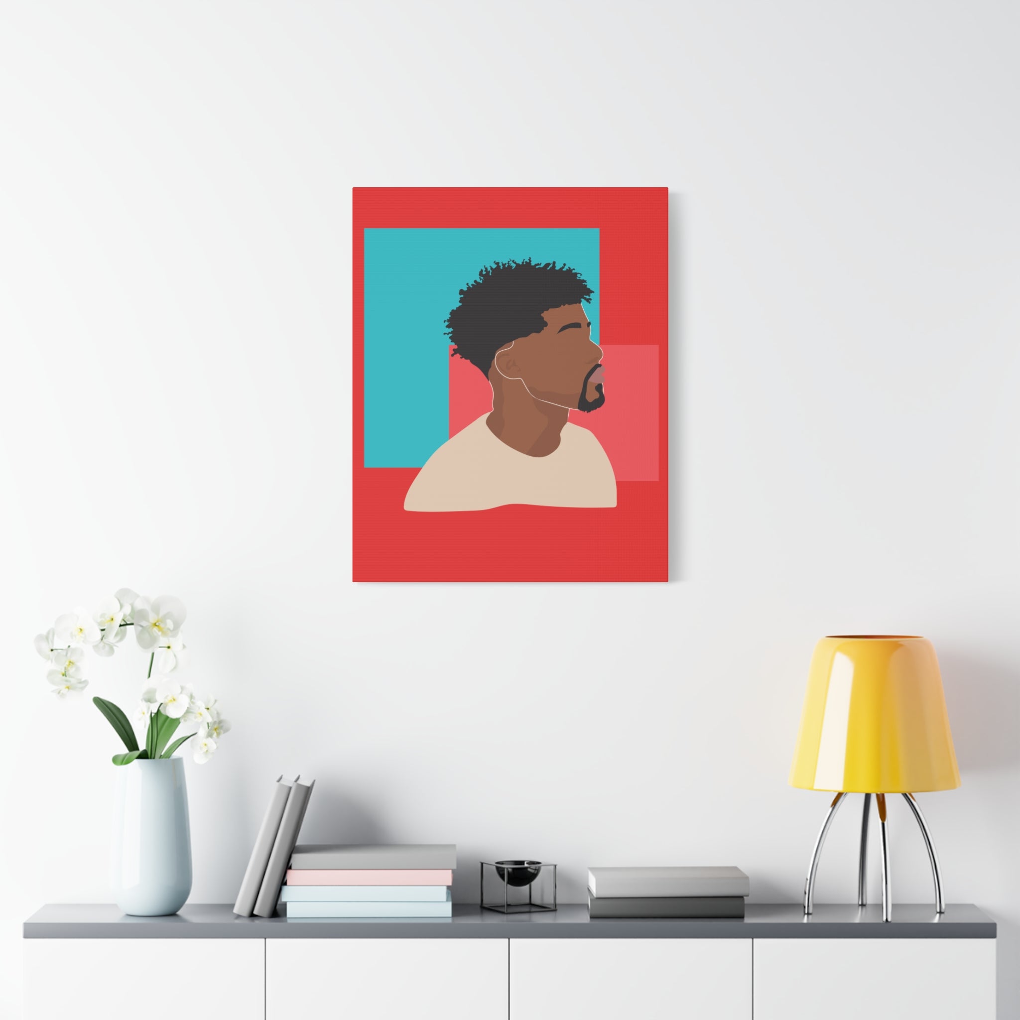 Modern Black Man Profile on Red & Teal — Canvas Art