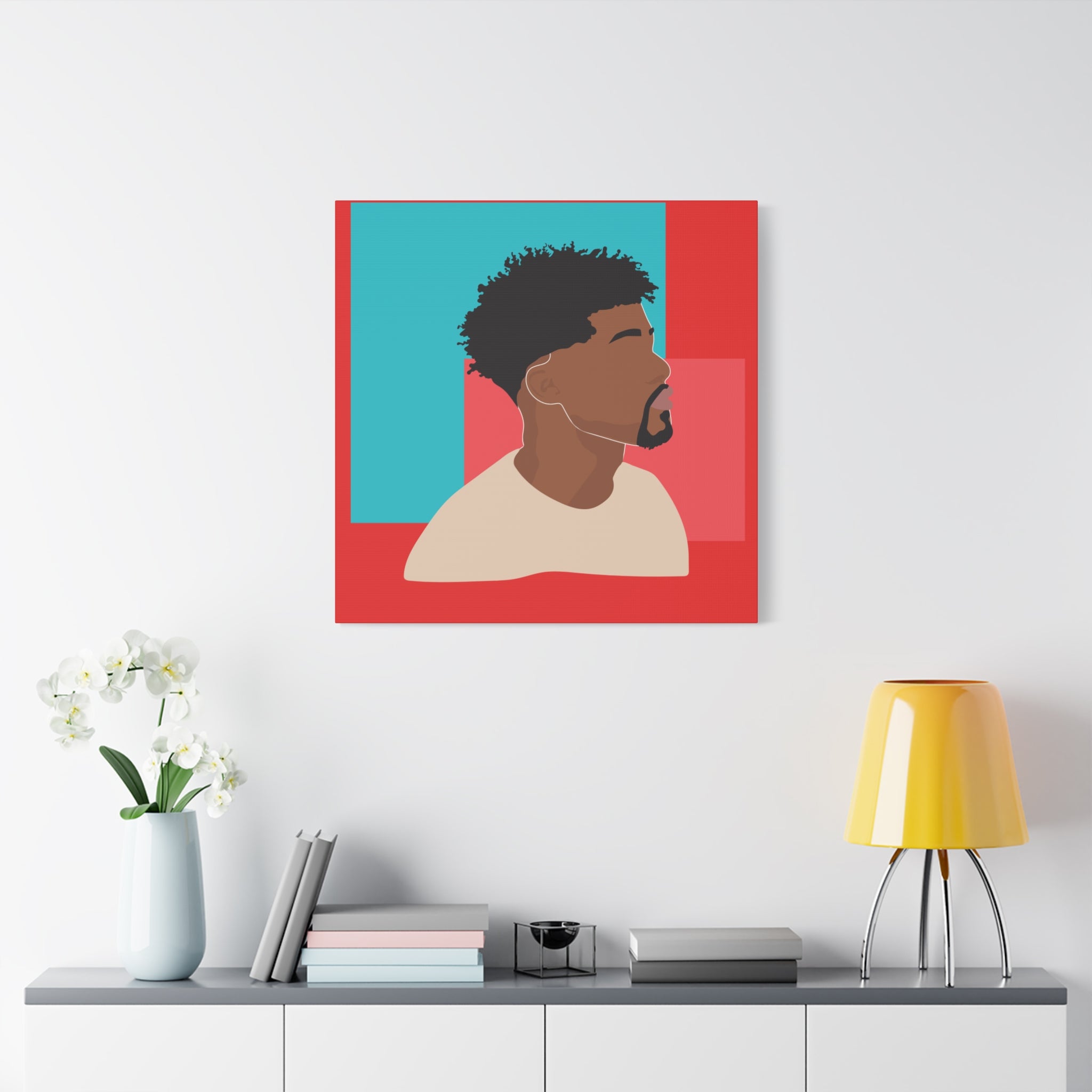 Modern Black Man Profile on Red & Teal — Canvas Art