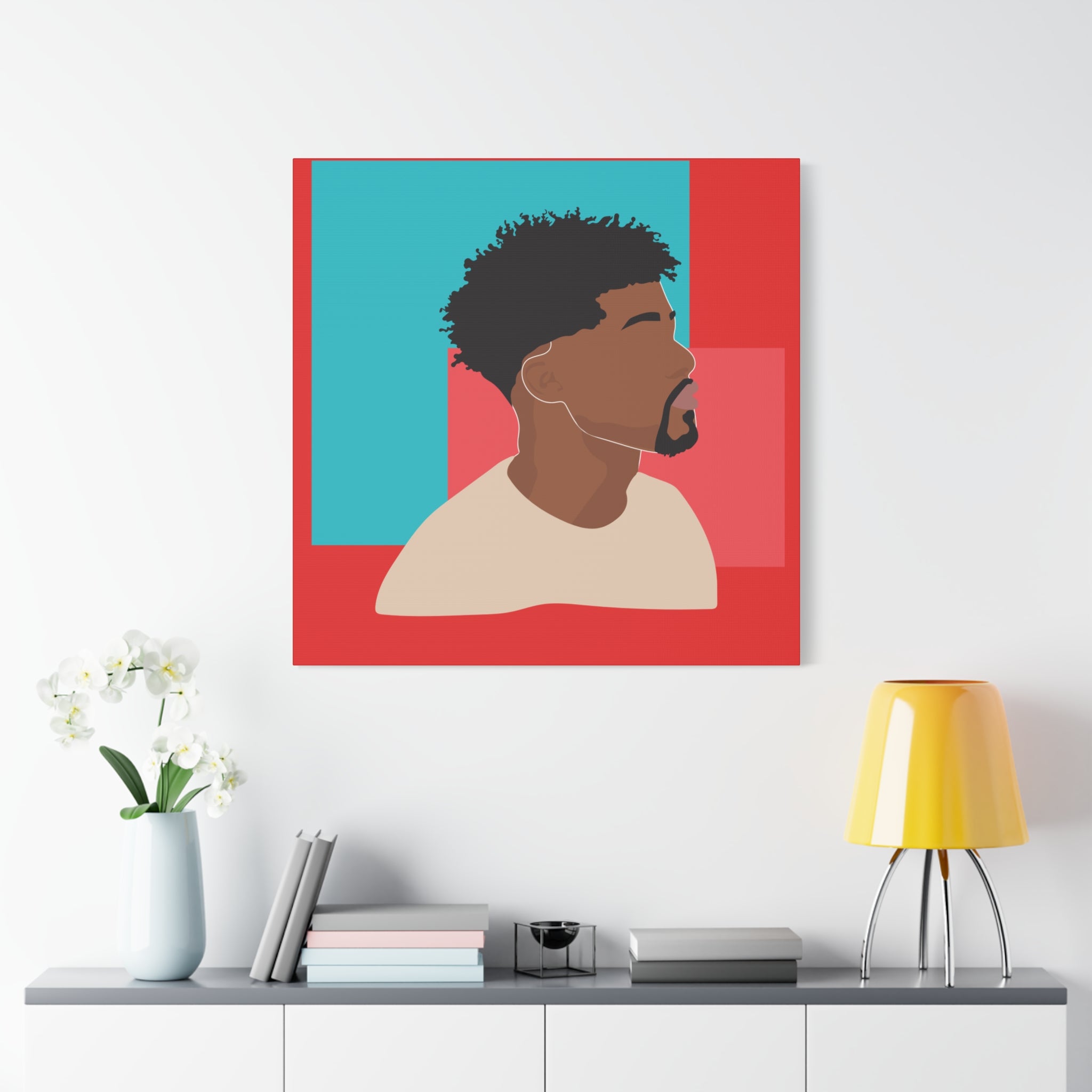 Modern Black Man Profile on Red & Teal — Canvas Art