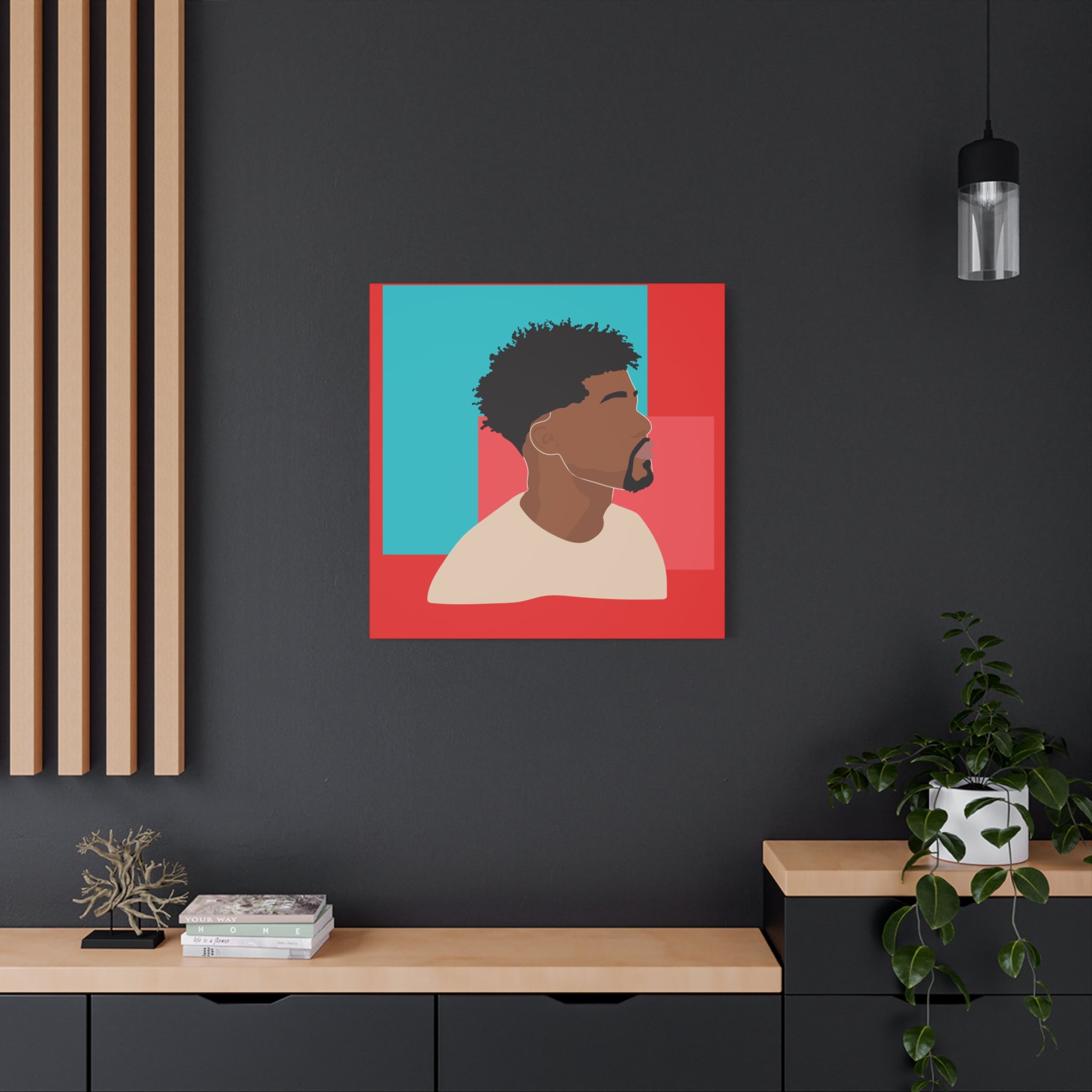 Modern Black Man Profile on Red & Teal — Canvas Art